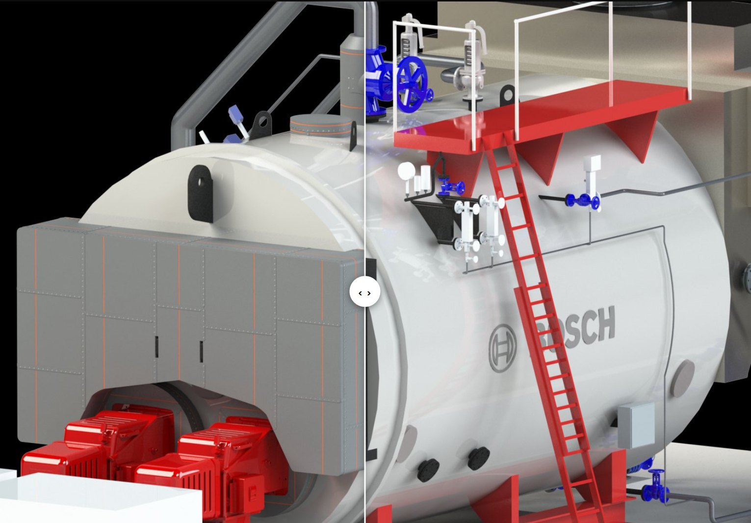 Bosch steam boiler in 3D — bare vs Inzonex modular insulation, split view